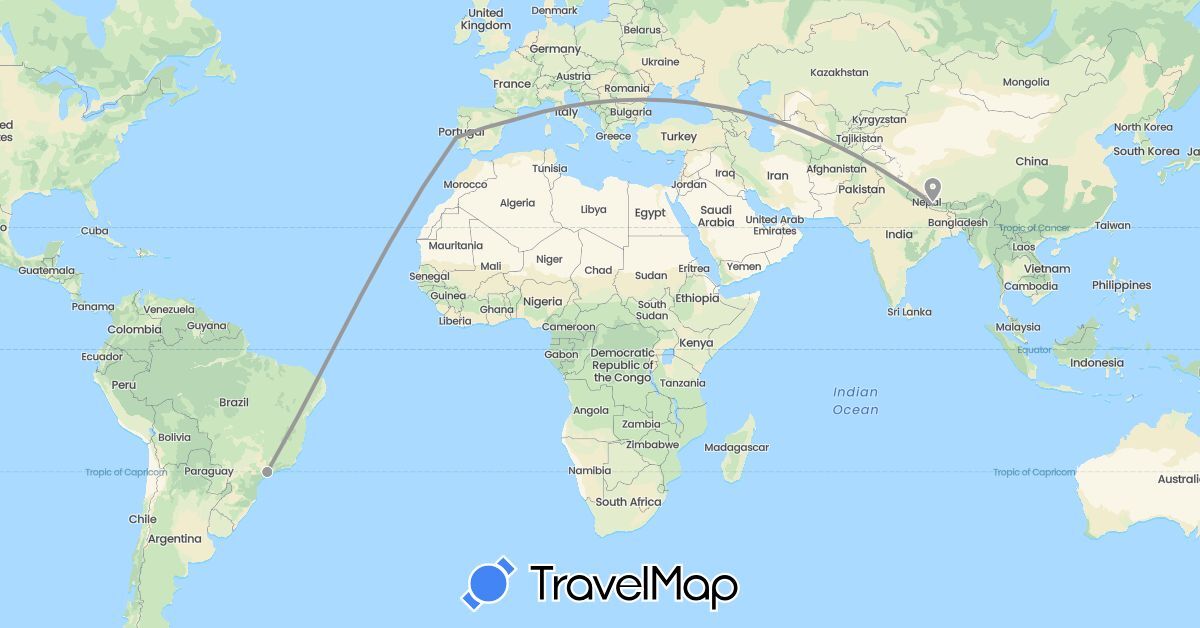 TravelMap itinerary: driving, plane in Brazil, Spain, Nepal, Portugal (Asia, Europe, South America)